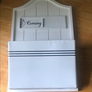 White Decorative Wall mail tin holder rooster Pocket with 'Coming' Plaque